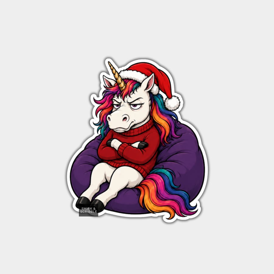 Unique Funny Christmas Sticker Xmas Decal - Grumpy Unicorn In Santa Hat