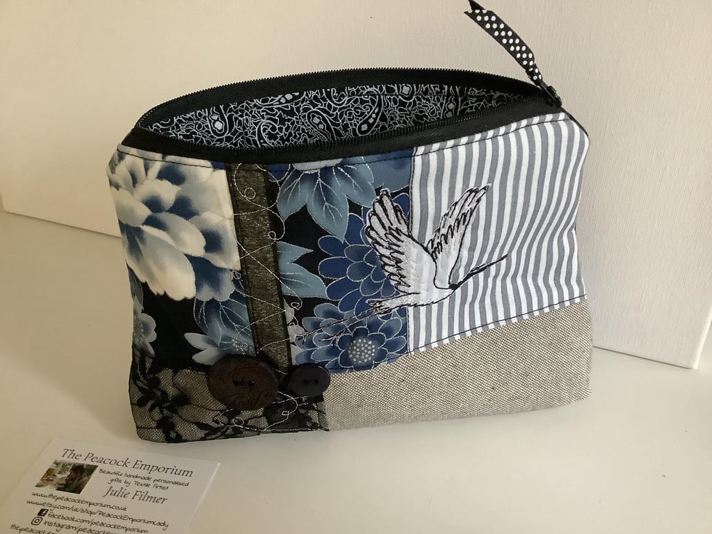 Cosmetic Bag with Vintage Fabrics and Crane Embroidery - Boho Patchwork Gift
