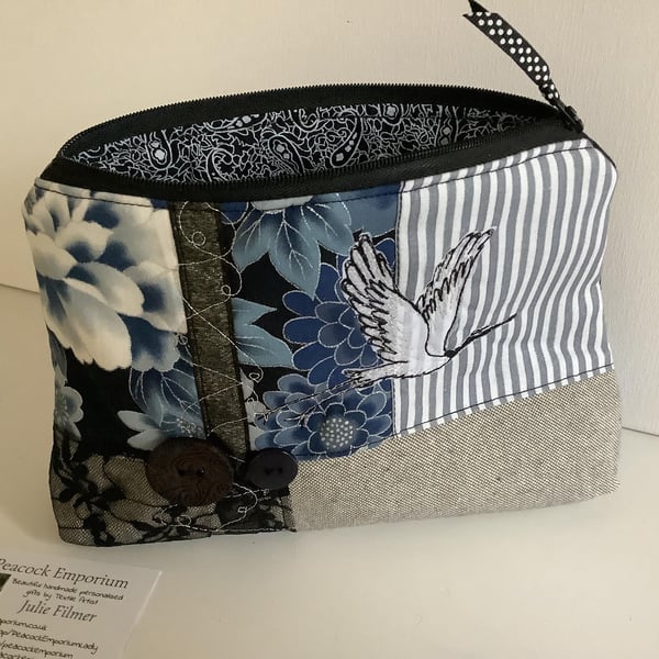 Cosmetic Bag with Vintage Fabrics and Crane Embroidery - Boho Patchwork Gift