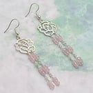 Silver tone filigree rose dangle earrings with rose quartz stones
