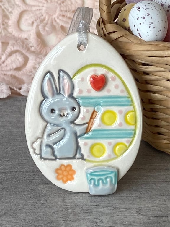 Pottery Easter Egg decoration with painting bunny