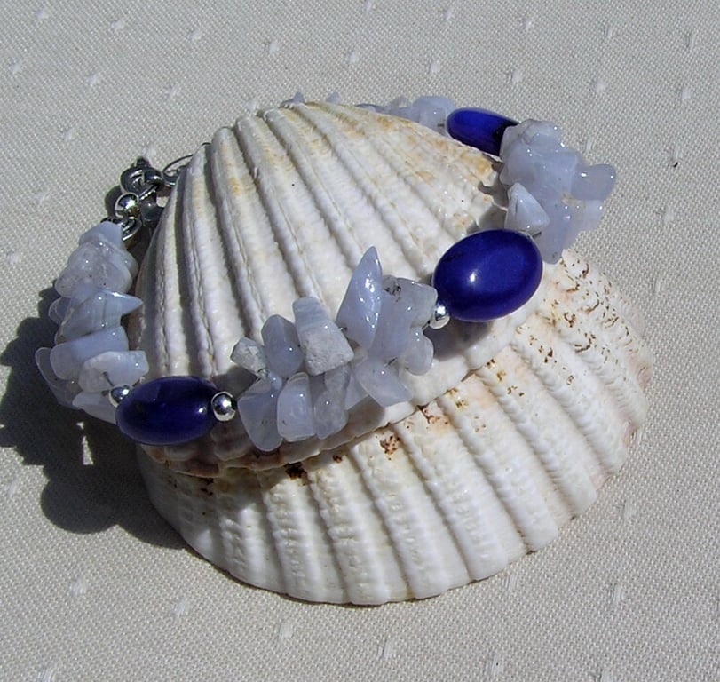 Blue Lace Agate & Blue Jade Crystal Gemstone Bracelet "Blue Skye"