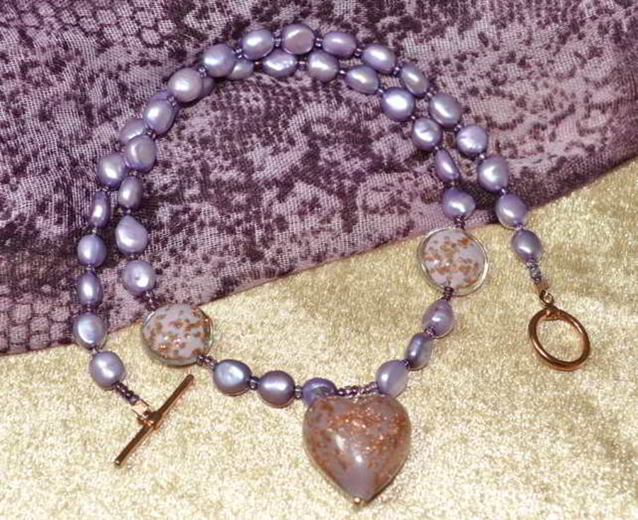 Lilac Pearl & Murano Heart Necklace