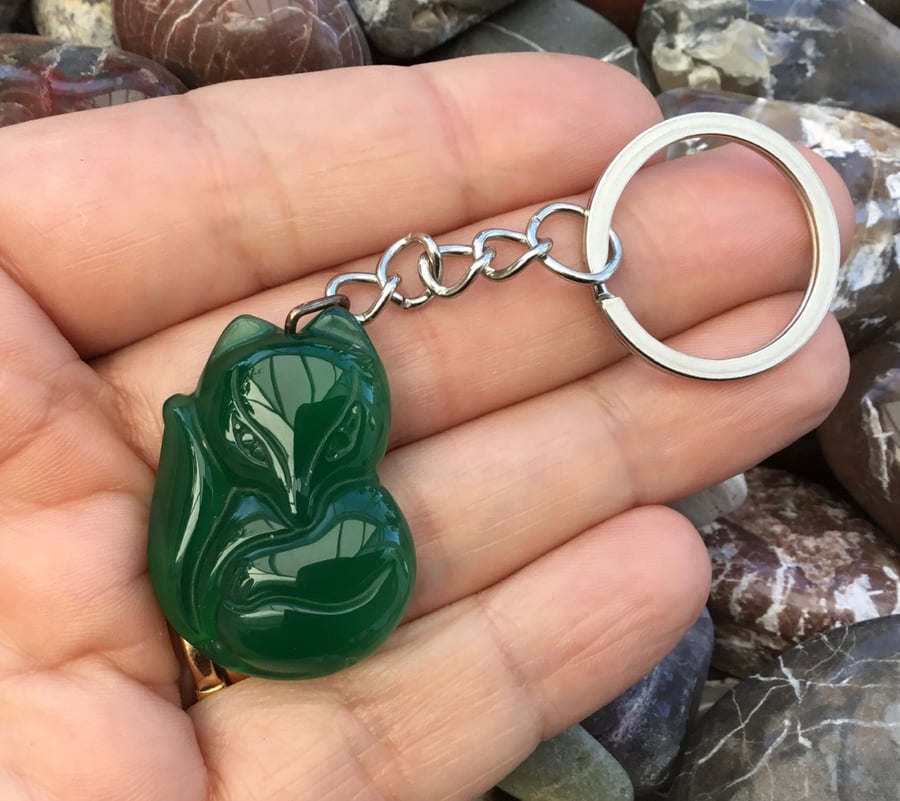 Pretty Green Jade Little Fox Gemstone Keyring or Handbag Charm.