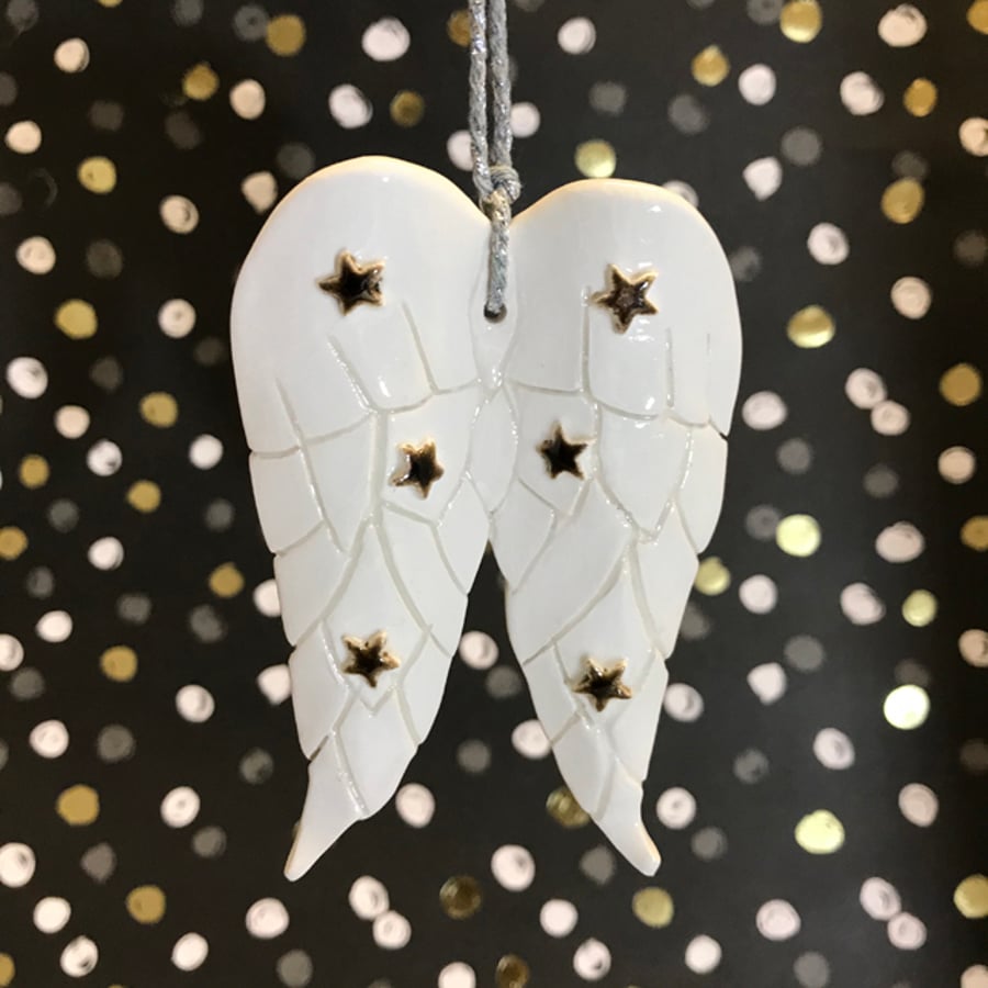 Ceramic handmade Angel Wings Christmas decoration.