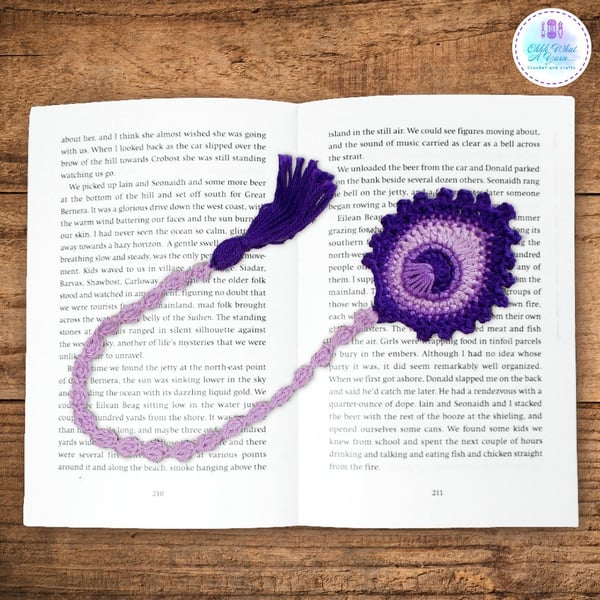 Purple peacock feather crochet bookmark, pagekeeper.