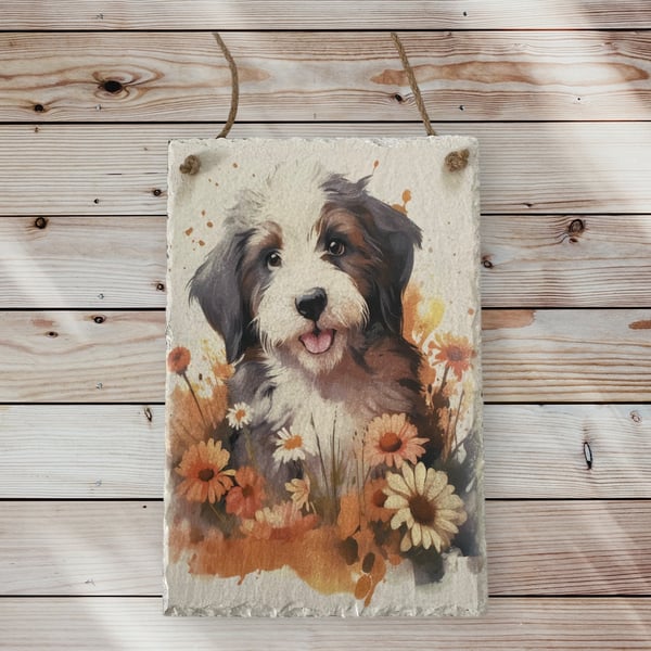 Large, Old English Sheepdog puppy slate wall hanging