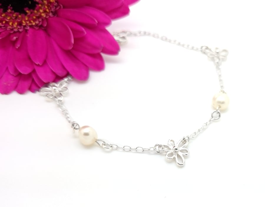 White Pearl & Sterling Silver Iris Flower Bracelet