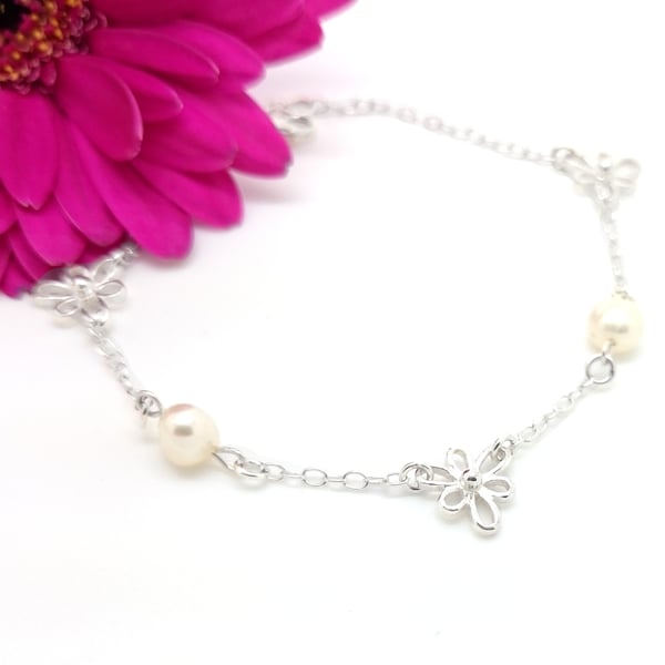 White Pearl & Sterling Silver Iris Flower Bracelet