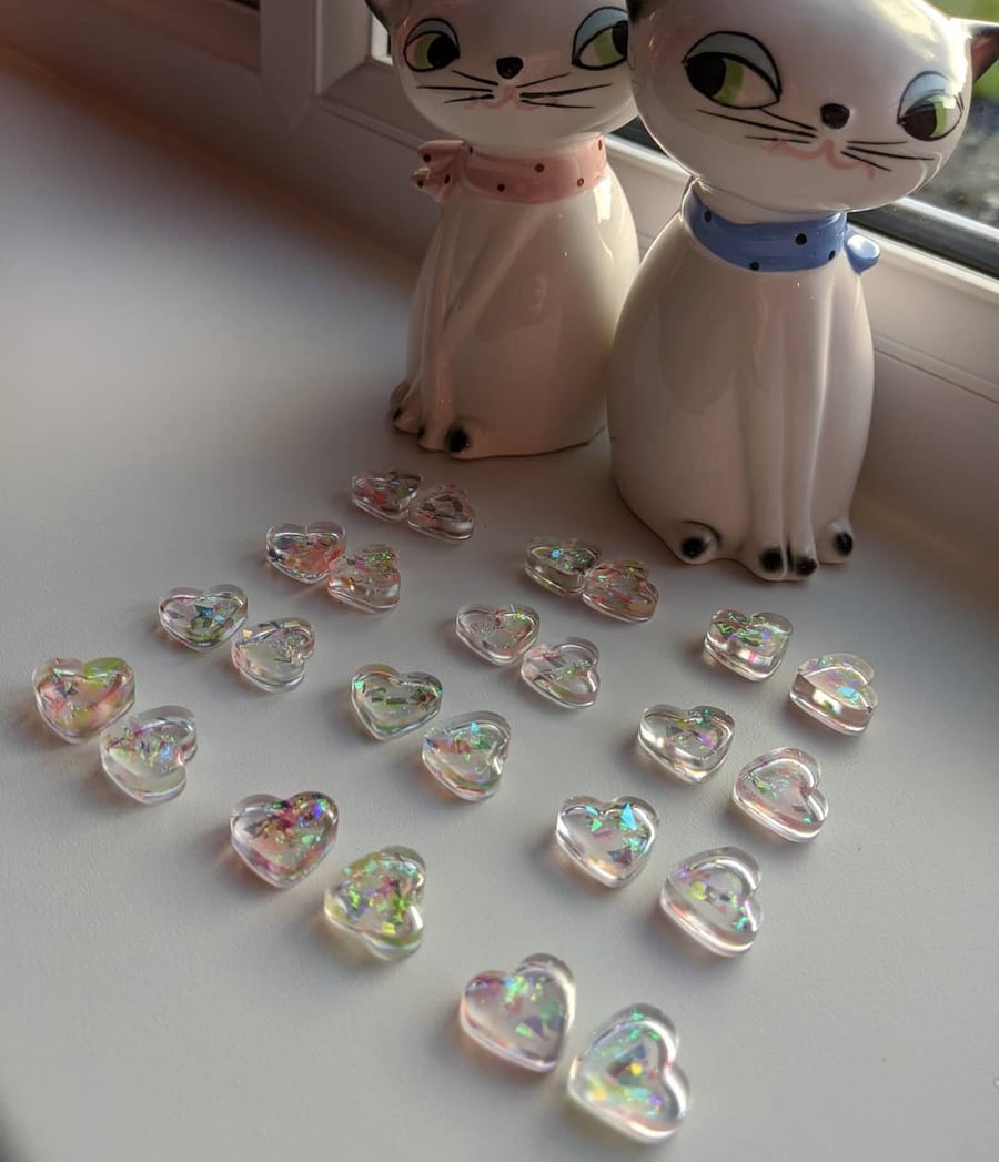 Small iridescent flake heart hoops or studs