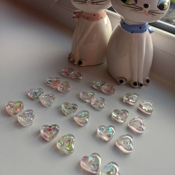 Small iridescent flake heart hoops or studs