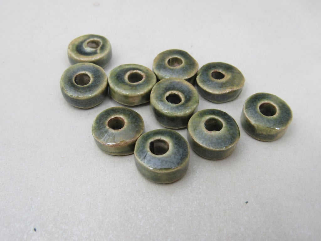 10 Small Forest Green Glazed Ceramic Washer Beads