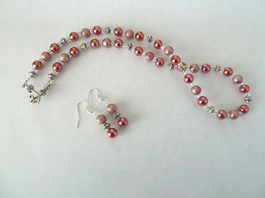 SALE pink bead necklace and earring set