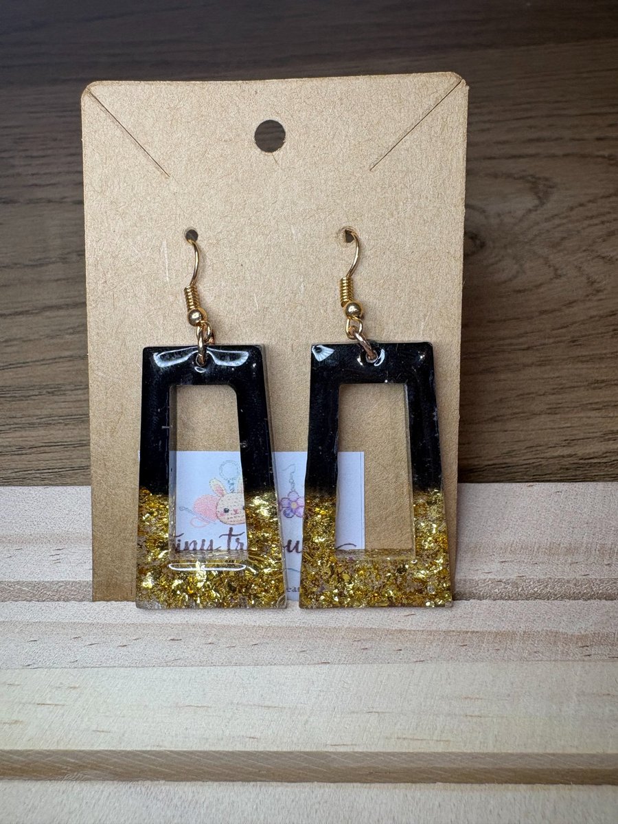 Handmade Black and Gold Glitter Resin Geometric Dangle Earrings