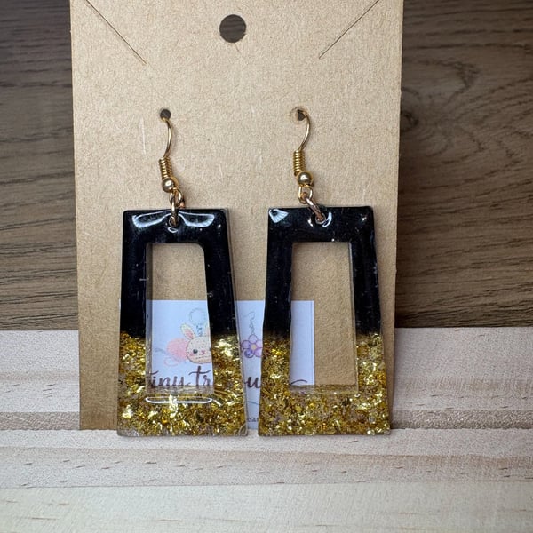 Handmade Black and Gold Glitter Resin Geometric Dangle Earrings
