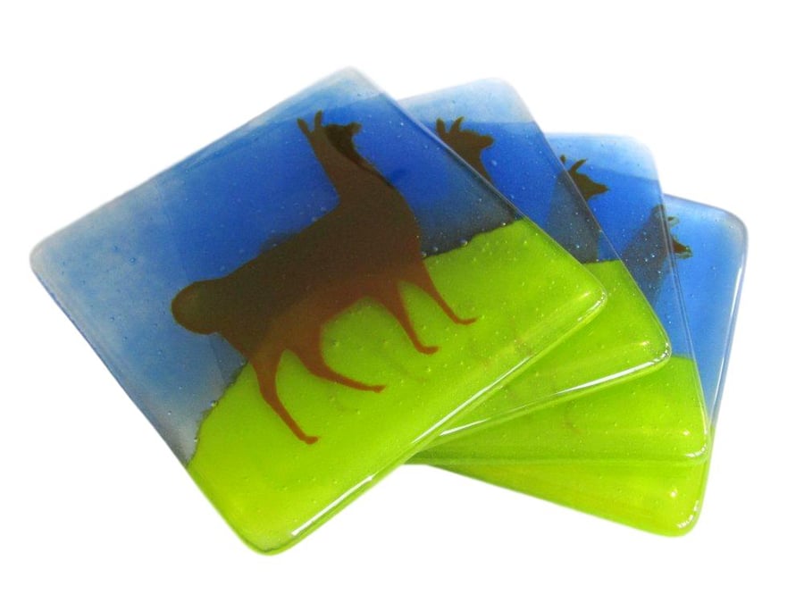 Set of 4 Llama Fused Glass Coasters - green blue brown