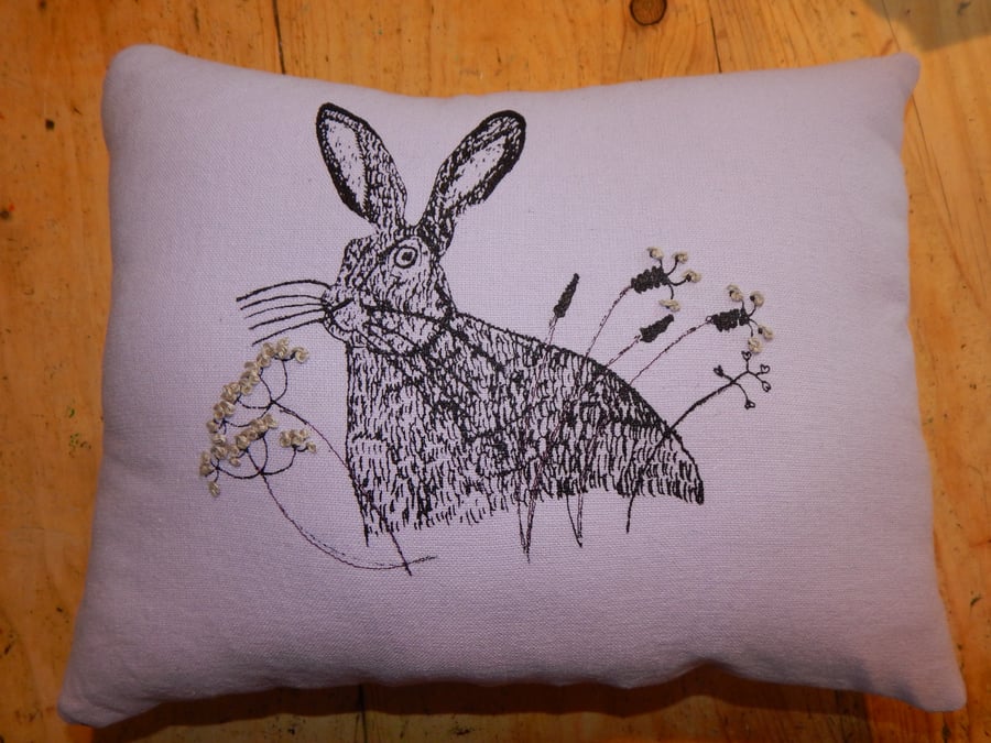 Lilac Hare -  screen printed small cushion. 33cm x 26cm