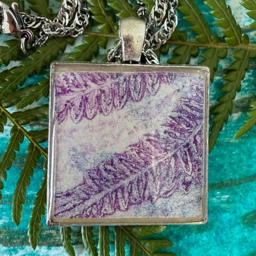 Botanical fern Art Pendant, wearable artwork necklace purple blue hue.