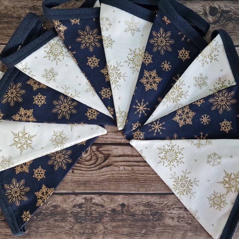 Christmas Bunting - Blue Ivory & Gold Snowflake Design 