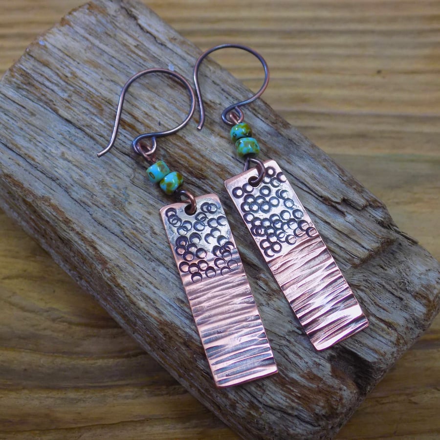 Aged copper oblong dangle earrings , boho style