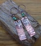 Aged copper oblong dangle earrings , boho style - Image 1