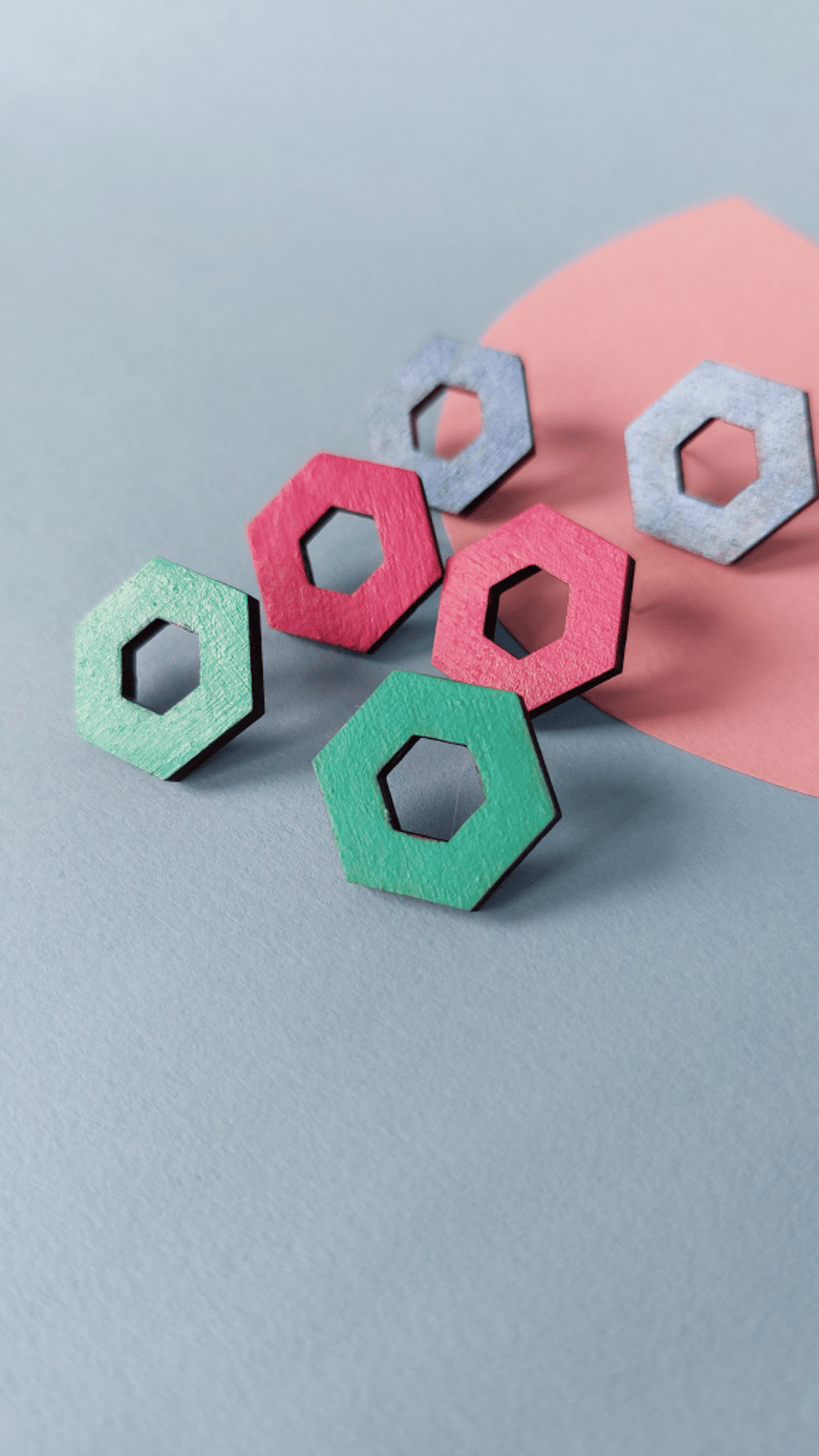 Open Hexagon Stud earrings in colourful painted wood
