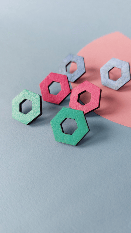 Open Hexagon Stud earrings in colourful painted wood