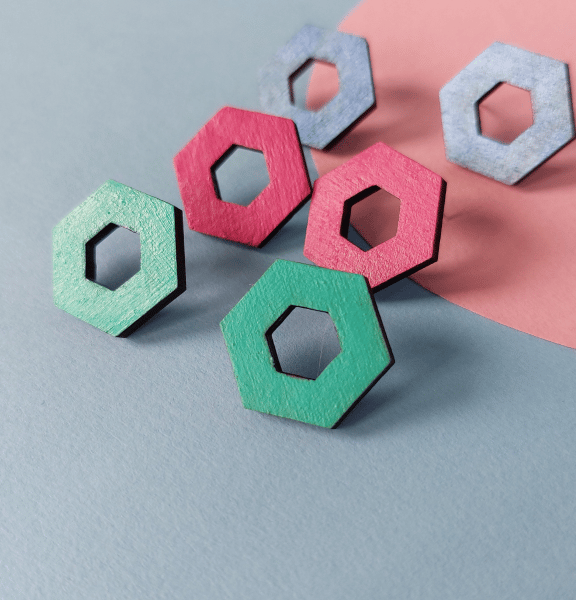Open Hexagon Stud earrings in colourful painted wood