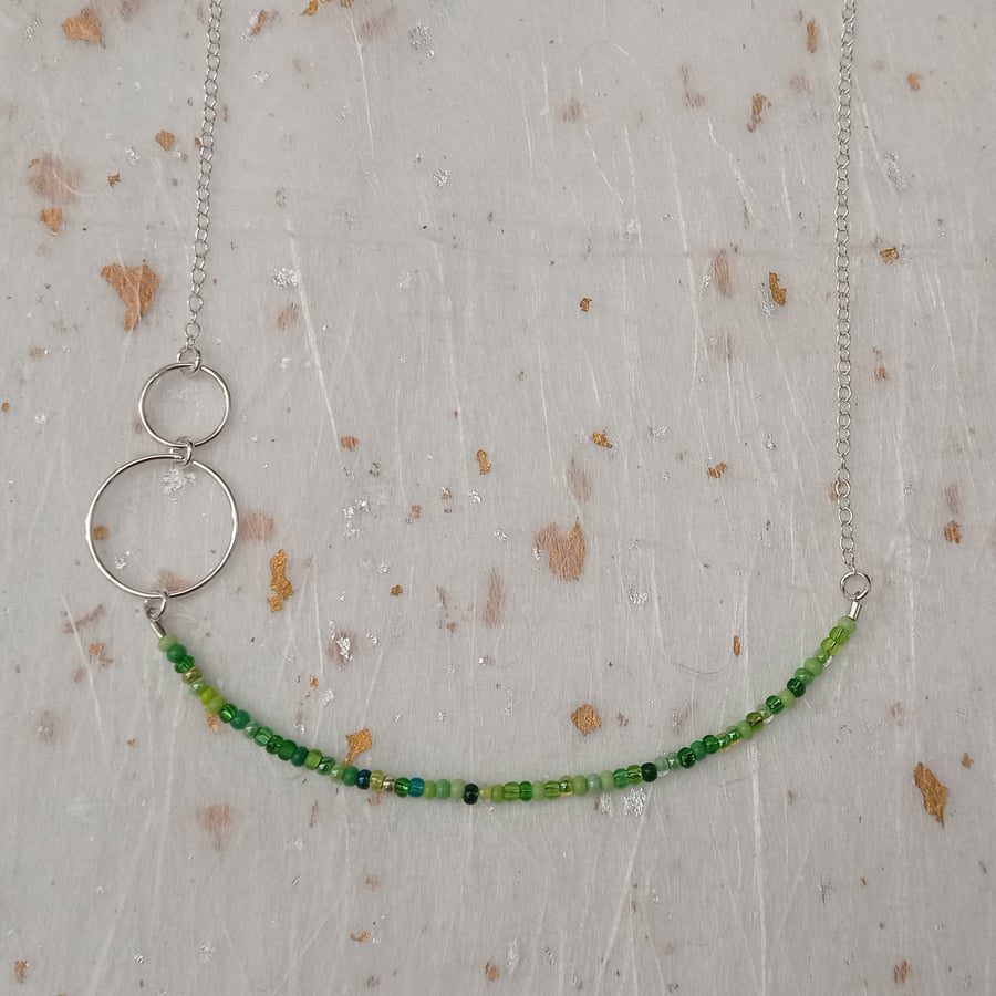 Silver & green bead necklace, silver ring necklace