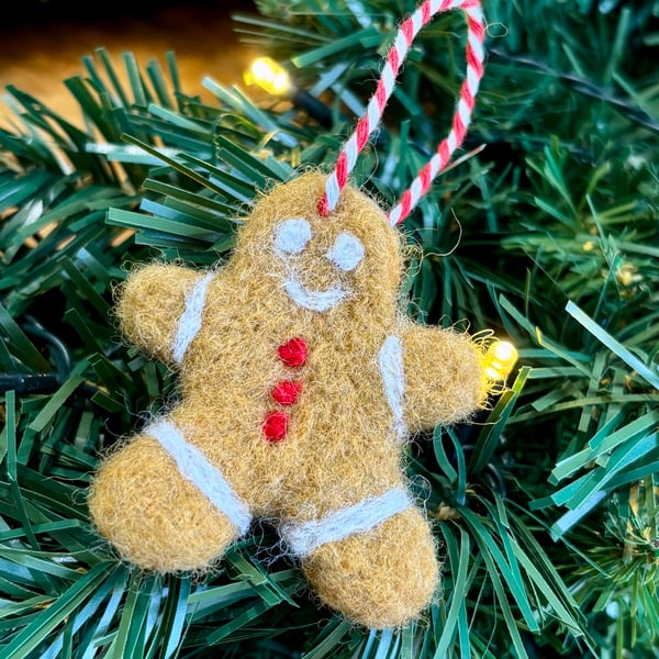 Needlefelted wool hanging gingerbread man Christmas decoration