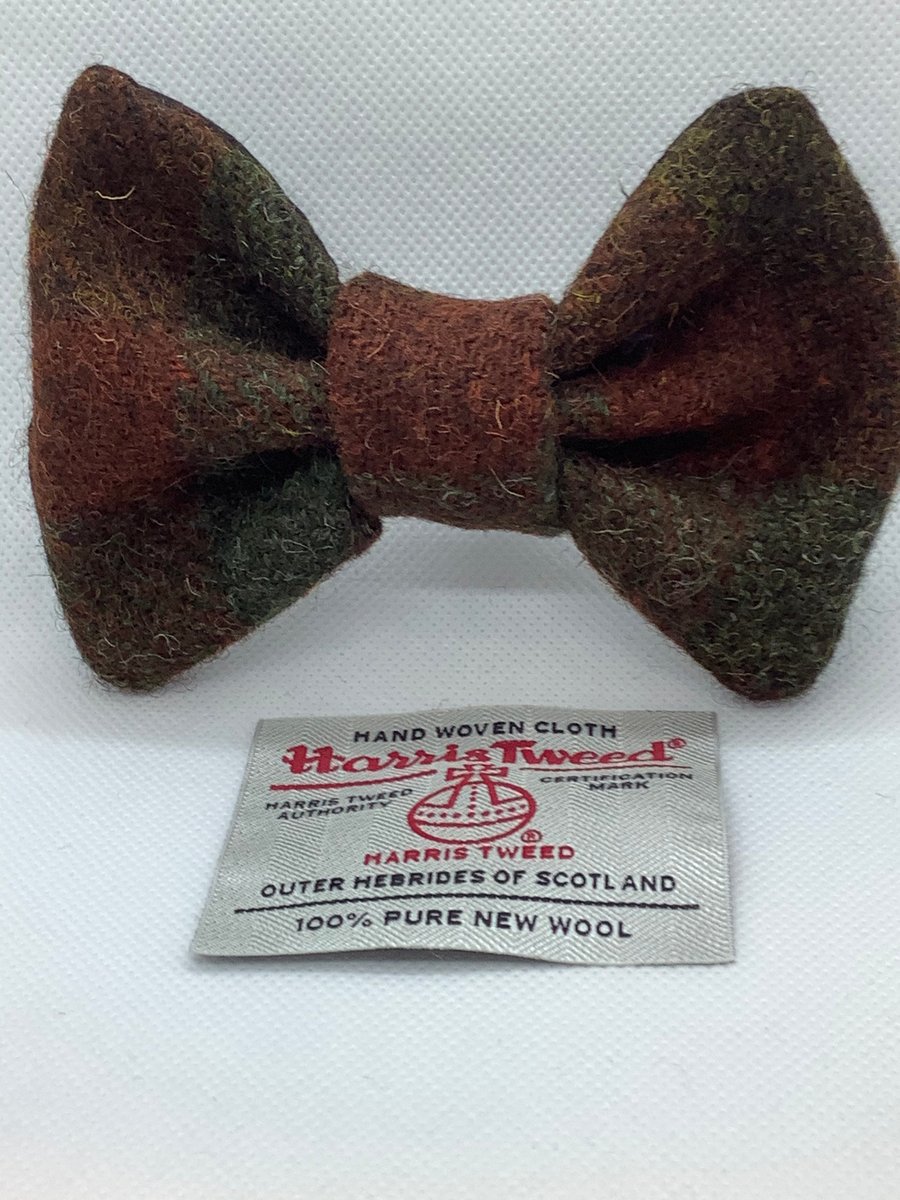Harris Tweed Dog Bow Tie, Brown And Green Check,over the collar bow tie