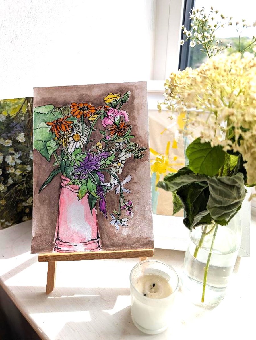 Original Wildflower Bouquet in a Pink Vase, A5 Watercolour painting with Mount