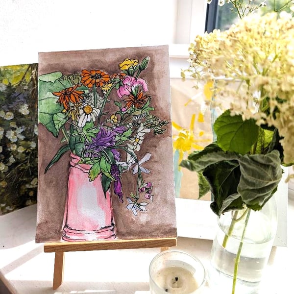 Original Wildflower Bouquet in a Pink Vase, A5 Watercolour painting with Mount