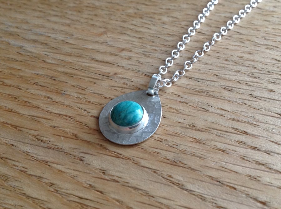 Turquoise Sterling and Fine silver textured pendant necklace
