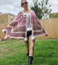 Chevron Shawl Poncho – Pink Mocha & Cream with Faux Fur Trim & Giant Pompoms