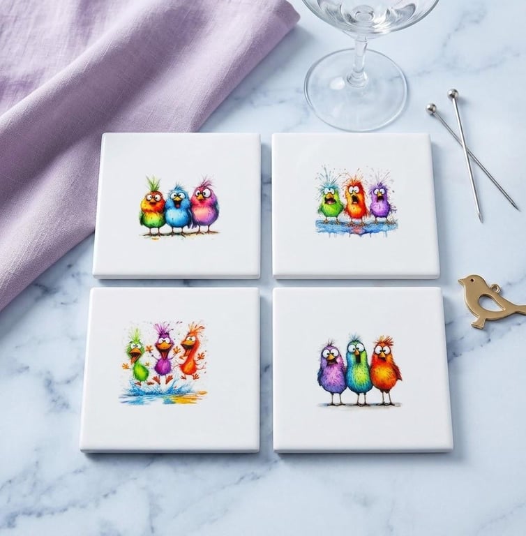 Quirky Watercolor Bird Ceramic Coasters (Set of 4)