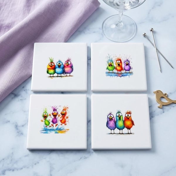 Quirky Watercolor Bird Ceramic Coasters (Set of 4)
