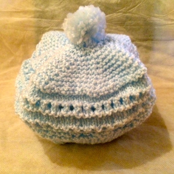 Little Knitted Baby Blue Hat with Pom Pom 