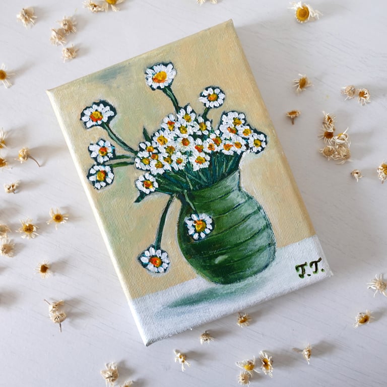 Camomile Flower, Daisy Artwork, Acrylic Painting, Gift for Gardener, Home Decor