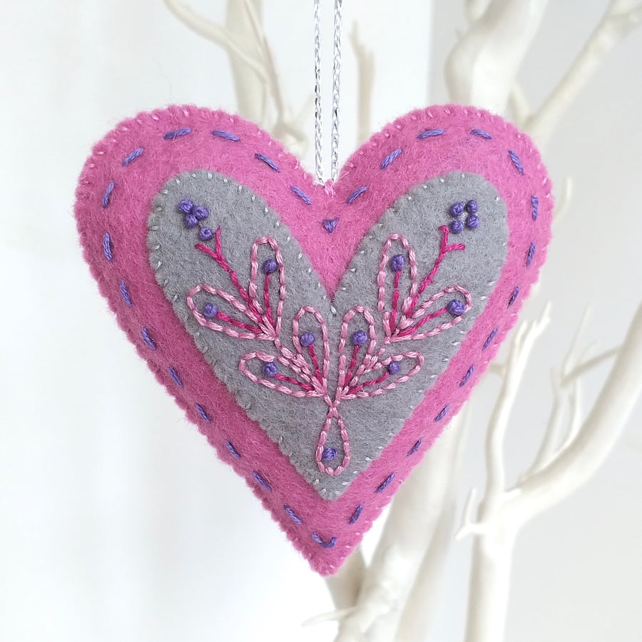 Wool Felt Heart, Embroidered Heart Ornament