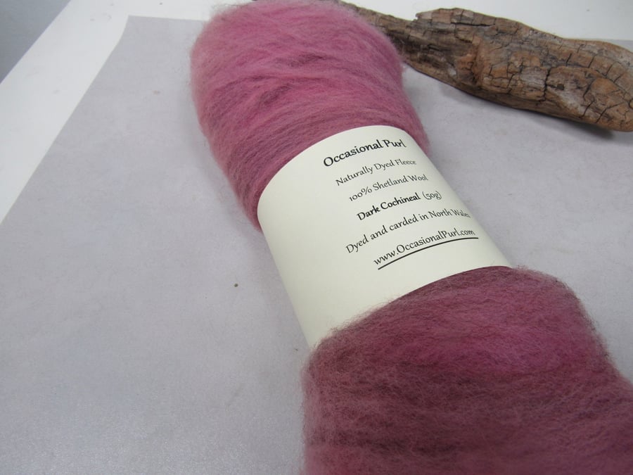50g Dark Cochineal Pink Naturally Dyed Shetland Wool Batt
