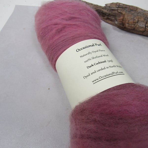50g Dark Cochineal Pink Naturally Dyed Shetland Wool Batt