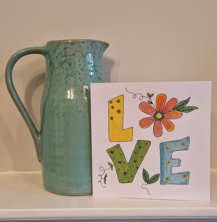 LOVE Valentine's card colourful watercolour LOVE flower & leaves