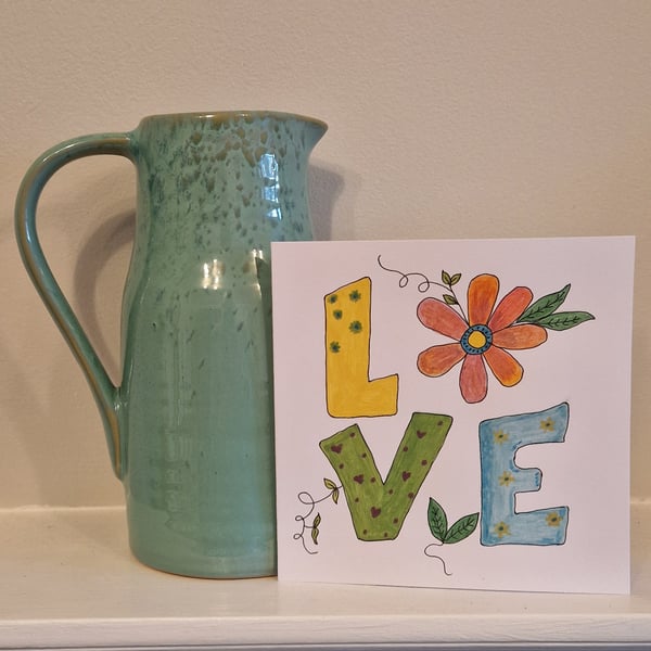 LOVE Valentine's card colourful watercolour LOVE flower & leaves
