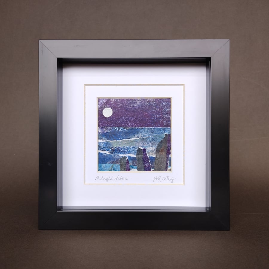 "Midnight Waters" - Original collage. Square frame. Abstract landscape wall art.