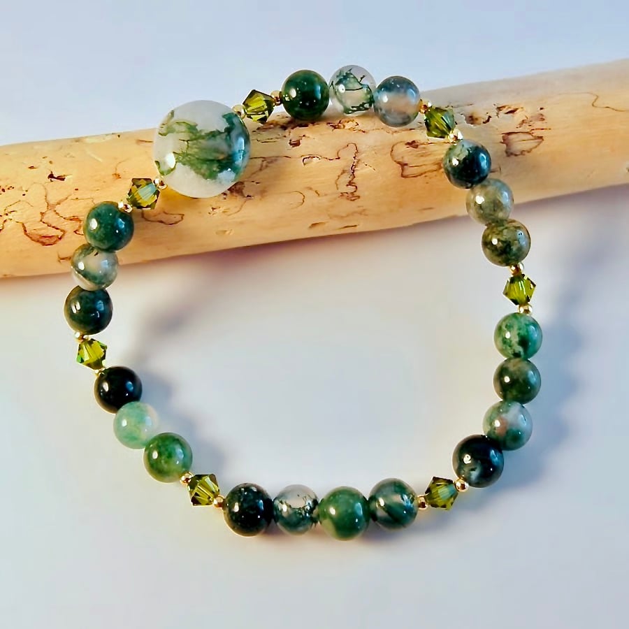 Moss Agate & Green Crystal Bracelet, Birthday, Anniversary, Gifts For Her