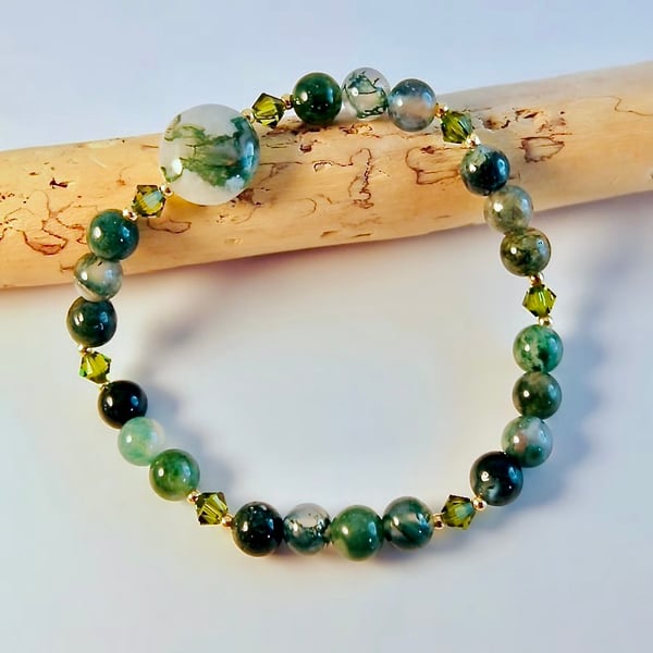 Moss Agate & Green Crystal Bracelet, Birthday, Anniversary, Gifts For Her