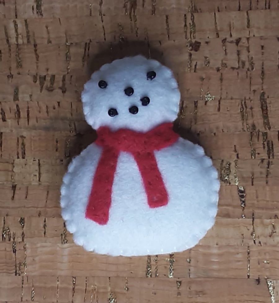 Snowman, with Red Scarf, Felt Brooch.