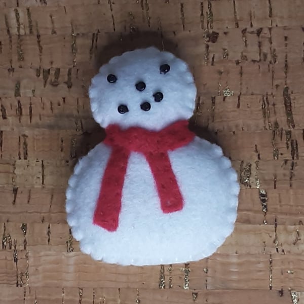 Snowman, with Red Scarf, Felt Brooch.