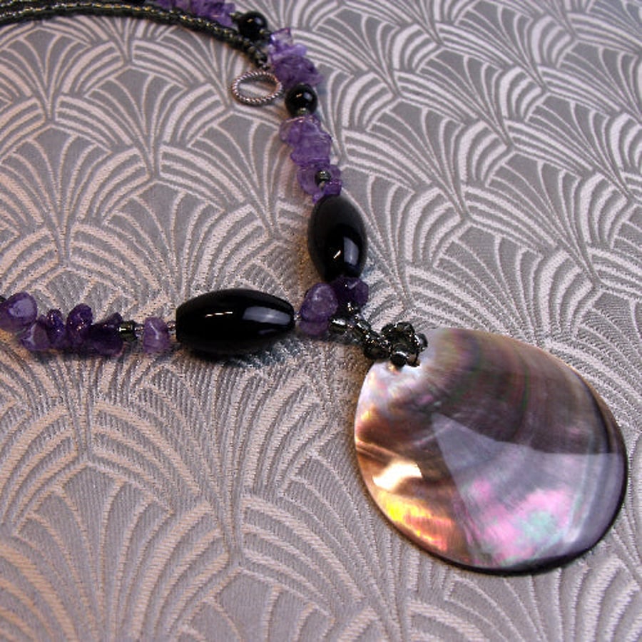 Black Onyx Amethyst Necklace, Shell Pendant Necklace, Black Purple Necklace spsA